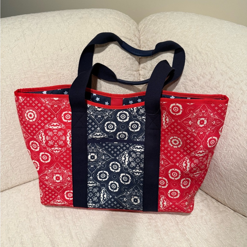 Talbots Canvas Tote Red White Blue Hankerchief Print Purse w Pockets Mag Closure